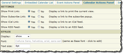 Calendar actions tab
