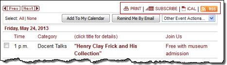Calendar actions panel