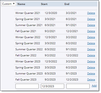 Academic calendar custom groups example