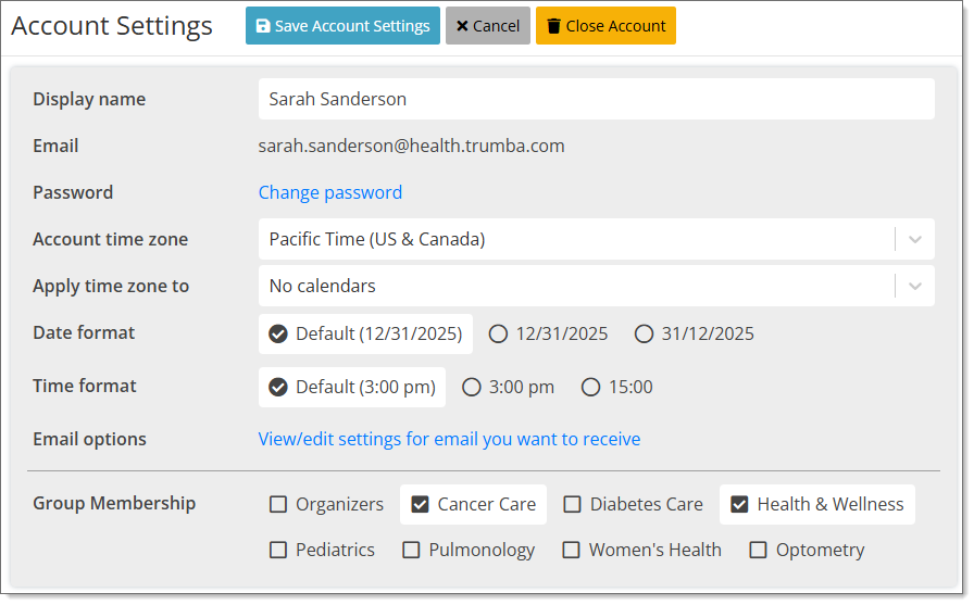 Screenshot showing the Account Settings page.