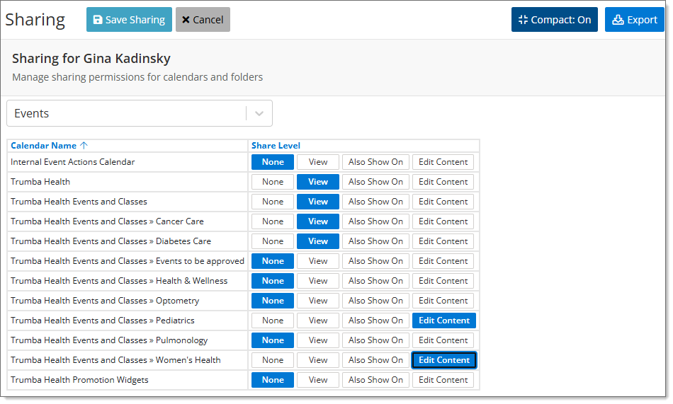 Screenshot showing the Sharing page.