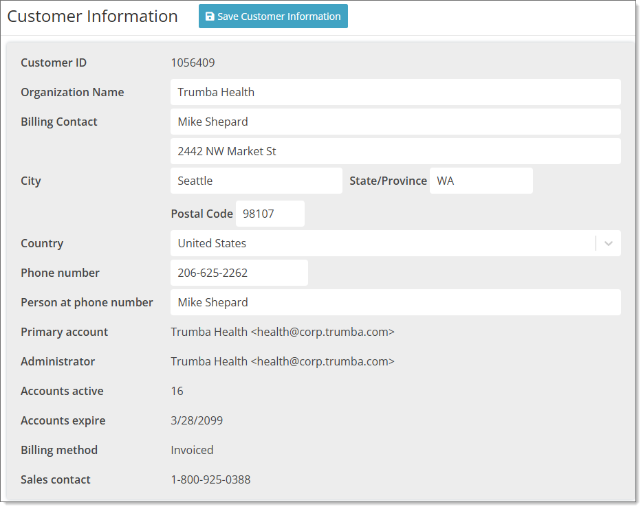 Screenshot showing the Customer Information page