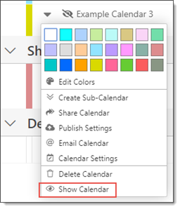 Hidden calendars action menu