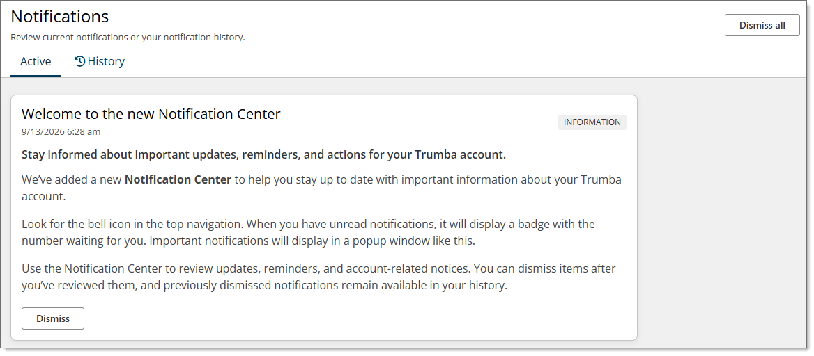 Notifications Center with the Active tab selected and a current notification displayed.