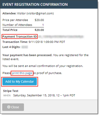 Confirmation page appears after submitting payment