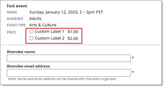 Registration form with three payment pricing options