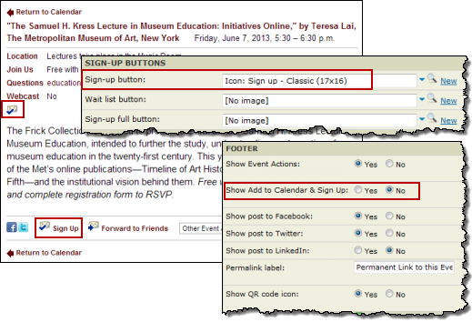 Event detail view, custom action settings