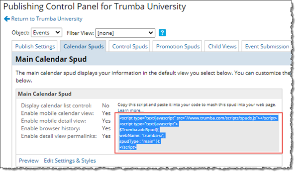 Example of Trumba spud code