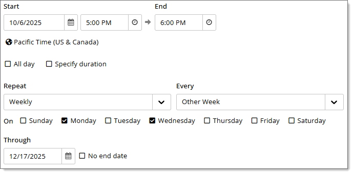Example of submitting repeating weekly event