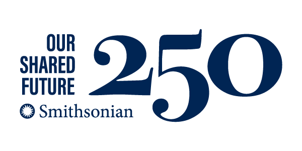 Logo mark in nav
 y blue that reads Our Shared Future 250 with sunburst Smithsonian logo