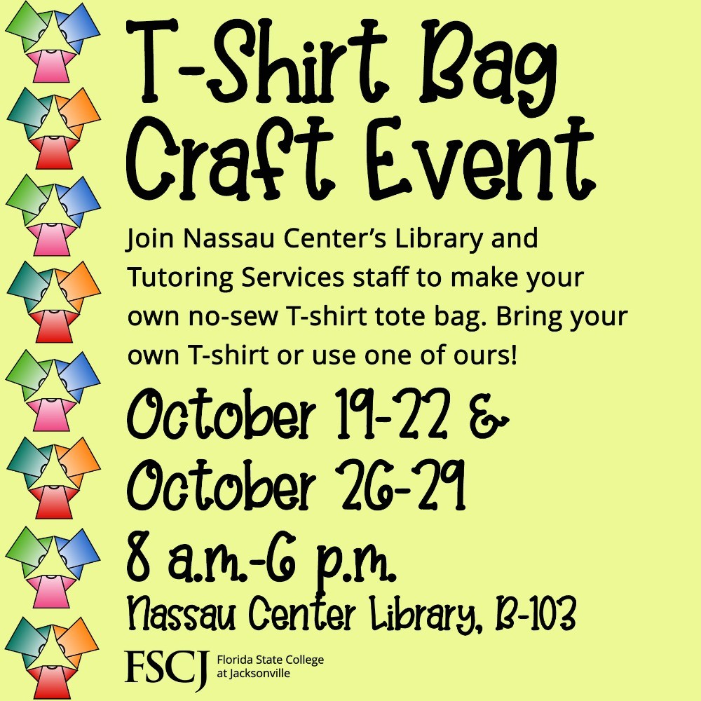 Light yellow ad with mini t-shirt graphics promoting T-Shrit Craft Event at Nassau Center Library.