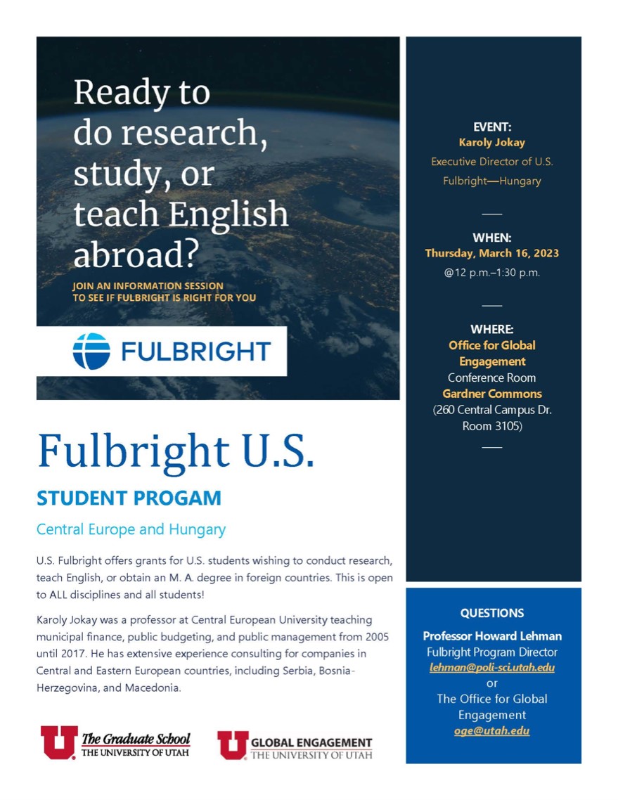 Karoly Jokay Fulbright Visit, Thursday, March 16, 2023, 12 - 1:30pm -  Events Calendar - Department of Geography - The University of Utah