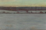 Oil painting of a snowy landscape at either dawn or dusk. A few sparse trees and shrubs dot the horizon. Oil painting of a snowy landscape at either dawn or dusk. A few sparse trees and shrubs dot the horizon.