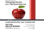 A graphic with a stock image photo of a red apple with one green leaf. Translucent watermarks cover the image diagonally, and a salmon-pink and dark red stripe run along its righthand side. “authenticity as material” and event details in black font below