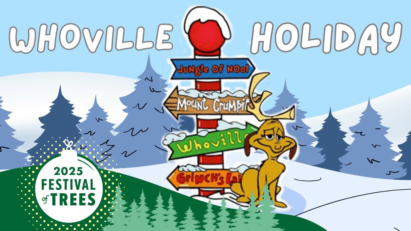 cartoon image of winter scene with "whoville holiday" printed above the dog from the Grinch