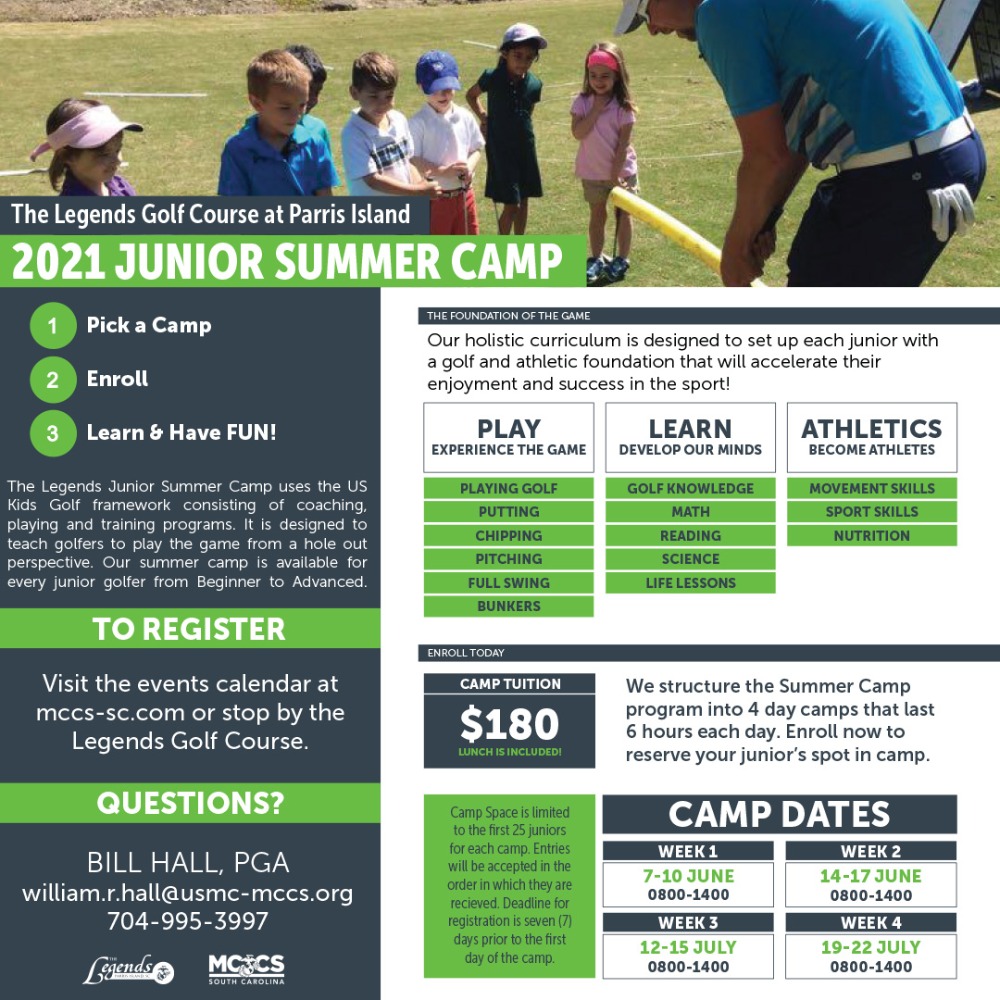 Junior Golf Camp Tuesday June 8 2021 8am 2pm Calendar Fap Marine Corps Community Services Serving Marine Corps Recruit Depot Parris Island And Marine Corps Air Station Beaufort