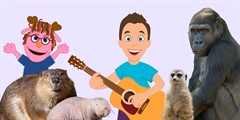 A cartoon illustration of a pink Jackalope puppet next to a brown-haired mom holding a guitar. They are surrounded by four different animals including a beaver, naked mole-rat, meerkat, and gorilla.