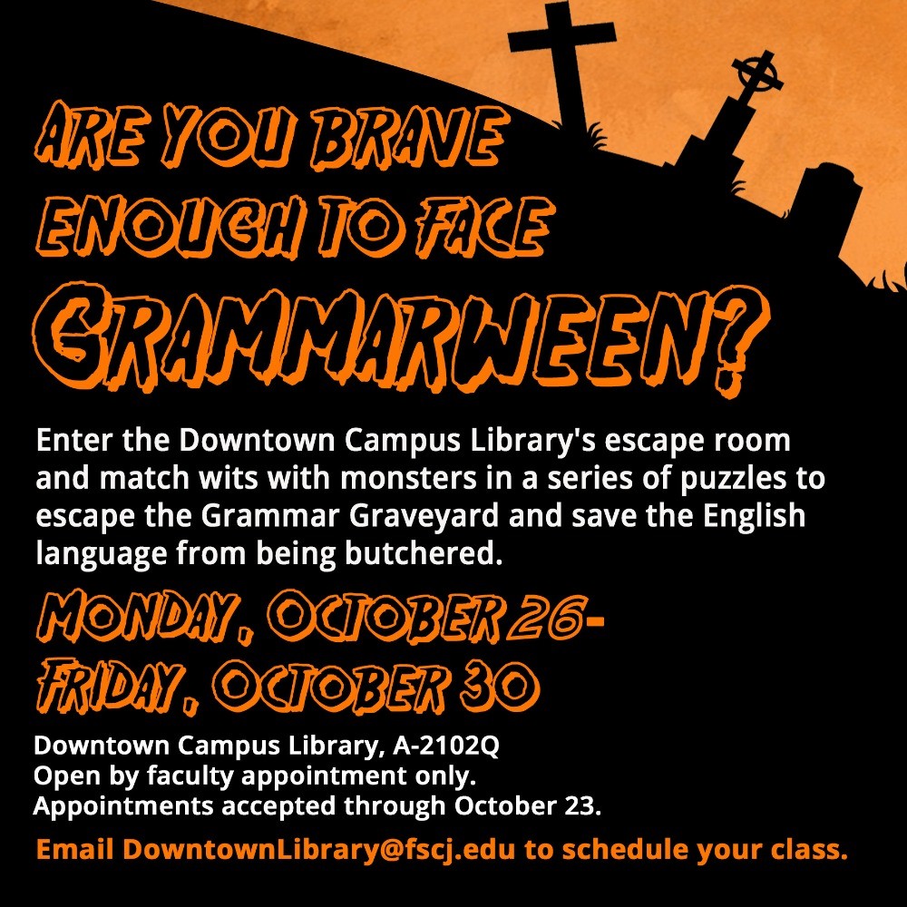 Orange on black ad asking if you are brave enough to face Grammarween