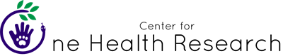 Logo for Center where the "O" in the word "One" is a play on the Rod of Asclepius, where the snake is in a circle and the tail has leaves sprouting off. Inside the snake "O" is a blue hand print with a white paw print in the palm pa