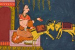 Painting of a woman kneeling on a rug by two rams butting heads outside a pavilion under dangling foliage. Painting of a woman kneeling on a rug by two rams butting heads outside a pavilion under dangling foliage.