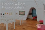 Text reading “Lia and William Poorvu Gallery – Gallery Tour” overlays a photo of a bright, modern exhibition space featuring framed artwork on the walls and documents in glass display cases.
