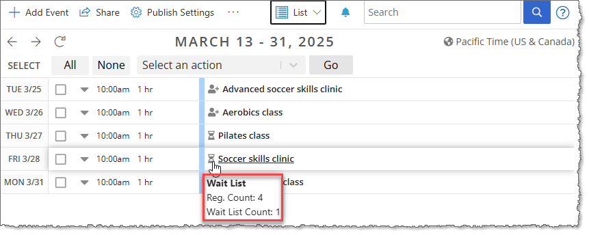 Registration count showing by hovering over event title icon