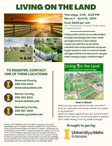 Living on the Land - North Idaho, Thursday, Apr. 18, 2024, 6:30 - 9 p.m.  MDT - Calendar | News & Events | University of Idaho Extension