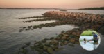 Rocky shoreline at sunset with mossy stones in calm water, plus an inset showing two people wading and talking in shallow water.