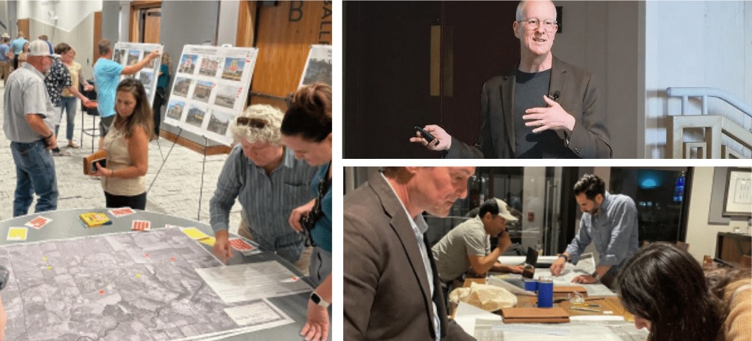 Left image: Community members crouched over a table looking at area map with project boards in background, top right: Jeff Speck speaking, bottom right: group of attendees viewing more project tables