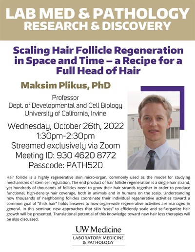 Lab Med and Pathology Research & Discovery Seminar: Maksim Plikus - Scaling Hair Follicle Regeneration in Space and Time - a Recipe for a Full Head of Hair