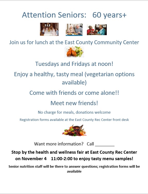 Senior Lunch at the East County Community Center, Friday, April 12, 2024,  12 - 1pm - Calendar - Montgomery County, MD