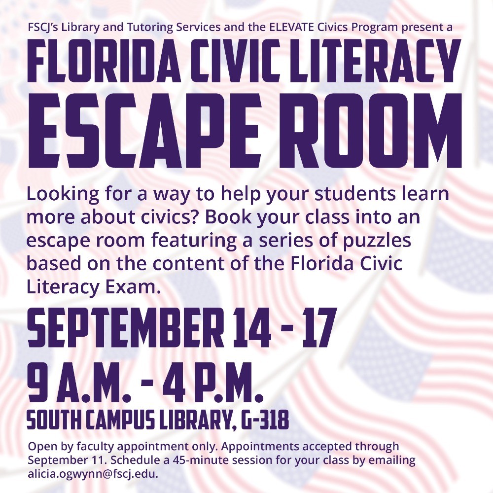 Square advertisement for FCLE Escape Room with dark blue text on flag background.
