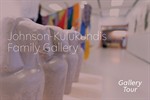 ext reading “Johnson-Kulukundis Family Gallery – Gallery Tour” overlays a photo of a contemporary art exhibit featuring sculpted ceramic figures in the foreground and colorful fabric installations in the background, with visitors walking through.
