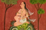 Painting of a figure sitting in a yoga pose, transparent shawl fluttering in the breeze, between two trees on a rocky peak. Painting of a figure sitting in a yoga pose, transparent shawl fluttering in the breeze, between two trees on a rocky peak.