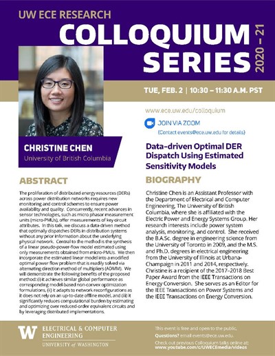 UW ECE Research Colloquium Lecture Series | Data-driven Optimal DER Dispatch Using Estimated Sensitivity Models - Christine Chen, University of British Columbia