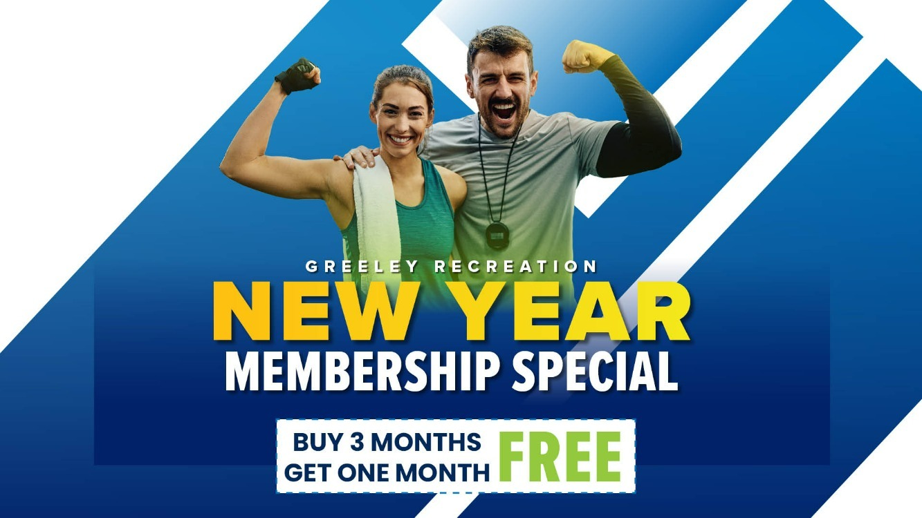 Greeley Recreation Membership Special graphic with two happy fitness people and offer details that reads buy three months get one month free