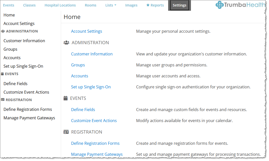 Settings page
