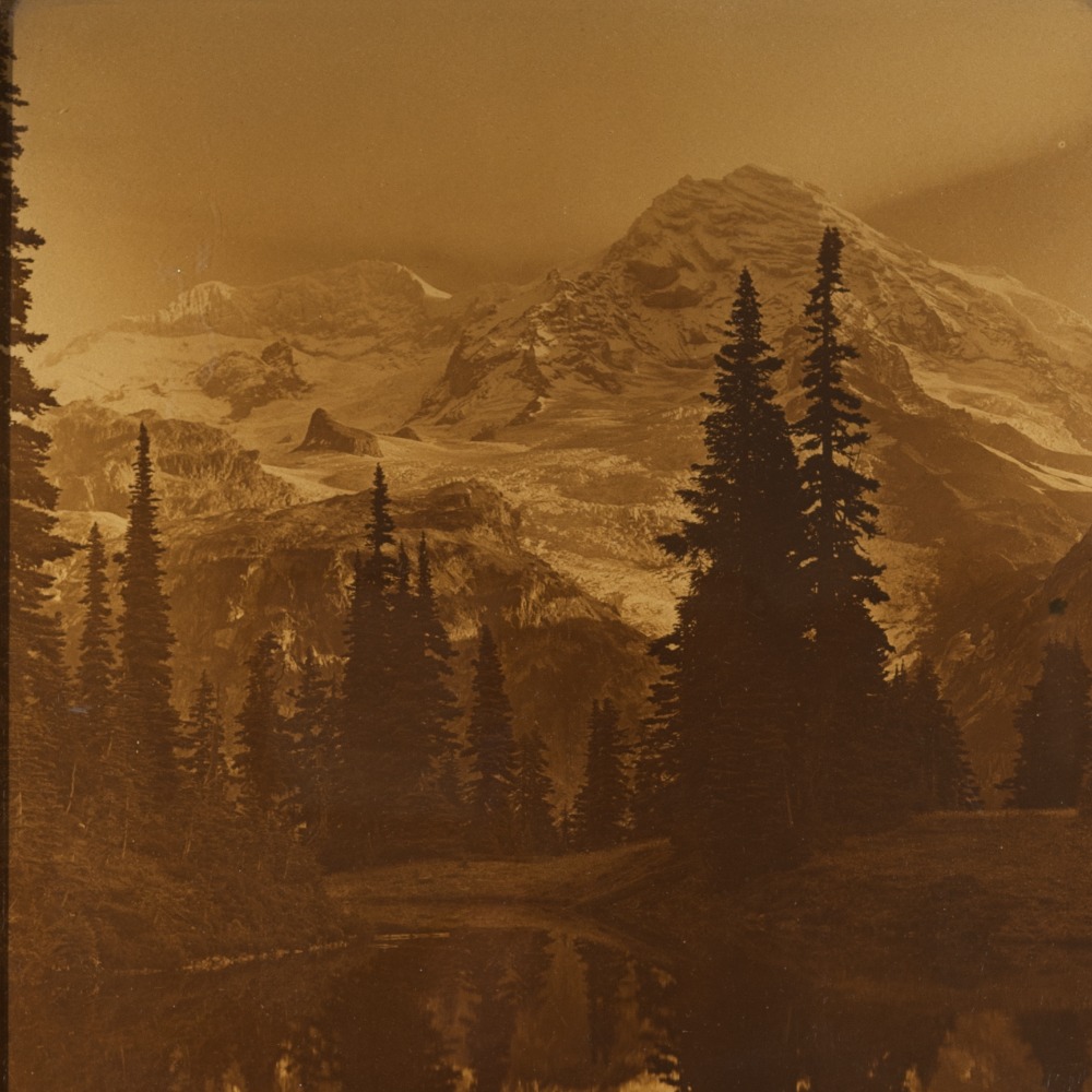 Orotone photograph of Mount Rainier and Mirror Lake