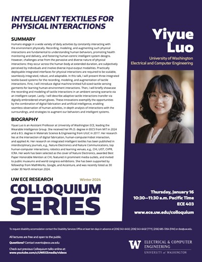 UW ECE Research Colloquium Series: Yiyue Luo, UW ECE, Thursday 