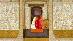 A still image from a digital animation depicting a European gentleman in a red waistcoat at the center with Indian court architecture and Chinese cut-paper silhouettes structured around him.