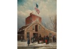 A group of men and women are gathered in front of a peak-roof building with an American flag on top.