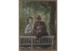 A watercolor drawing depicts two couples on and around a bench in a wooded area.