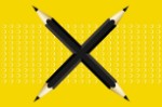 Two pencils crossed in an X shape against a yellow background