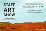 Staff Art Show: Cambridge visual featuring a painting of a narrow dirt path winding through a vast field of bright orange wildflowers under a wide, pale blue sky with soft, wispy clouds and low hills on the horizon.