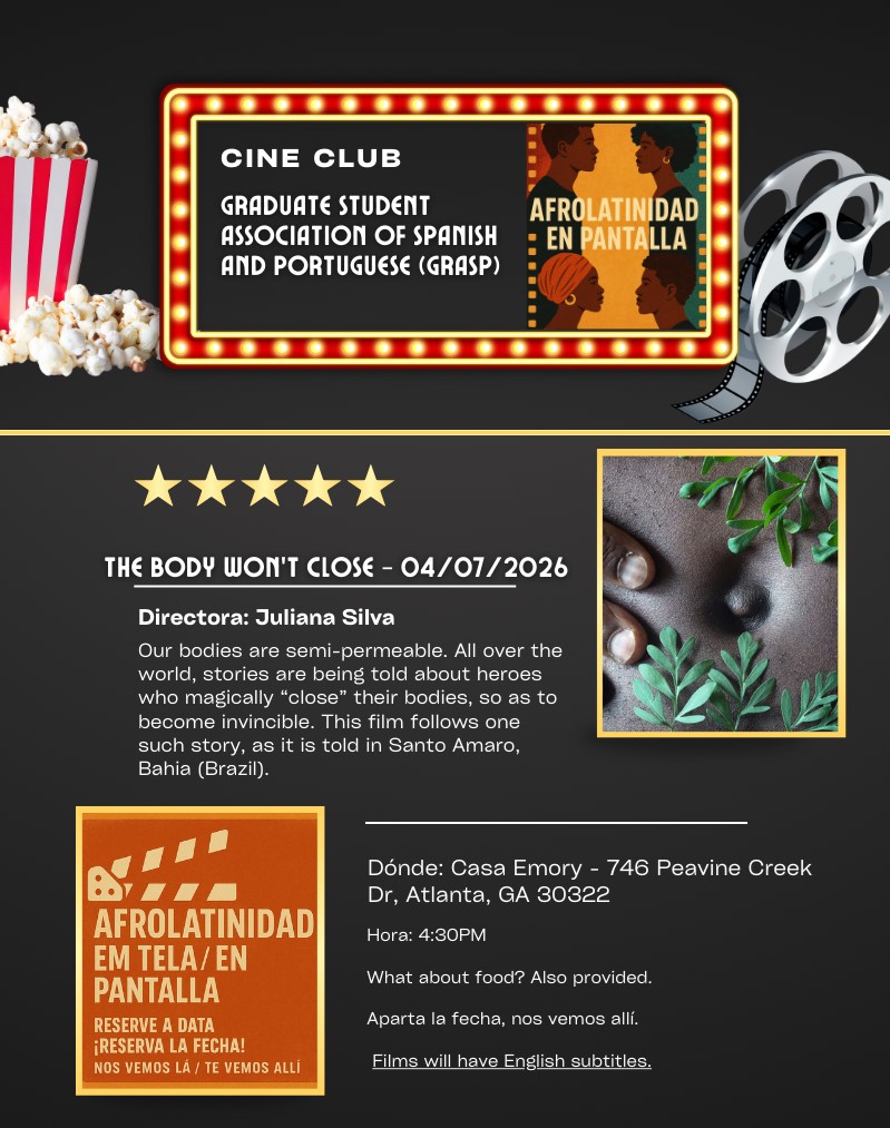 Flyer includes the title of the event, GRASP Cine Club: Afrolatinidad en Pantalla, along with an image of the movie characters. The image also includes a brief description of the movie, and information on the event.