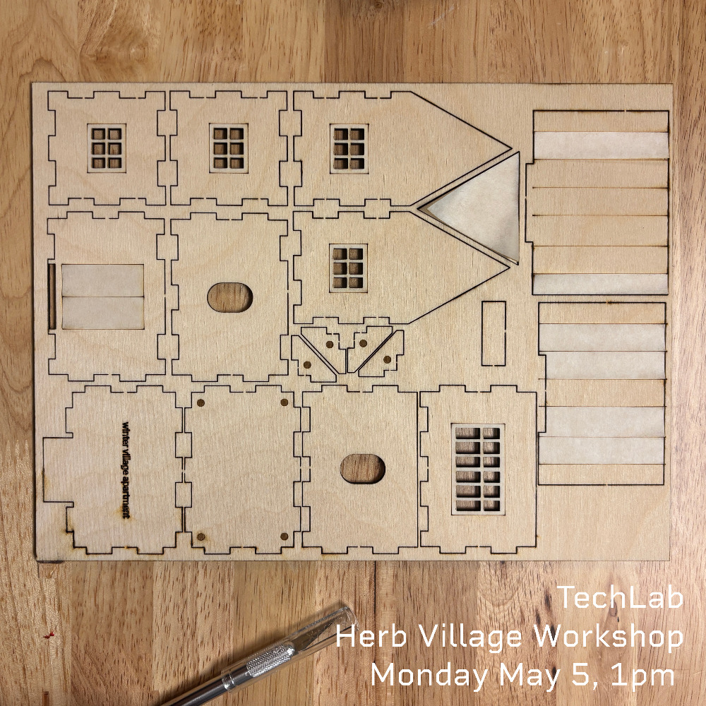 an overhead image of a lasercut wooden sheet and exacto knife. Image shows event details in text.