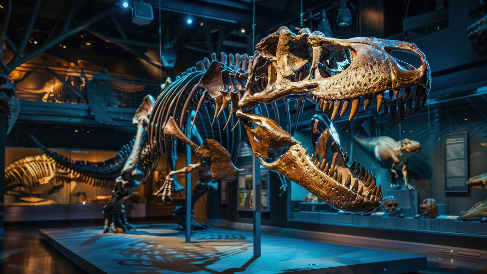 Dinosaur exhibit at a museum with T-rex in the center