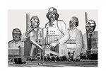 A collage of black and white photographs showing five men wearing hard hat helmets superimposed over factory buildings.