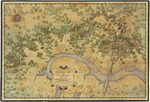 Aerial illustrated map of Cambridge, Massachusetts in 1760.  Green trees, a blue river, marshland, and buildings are identified in script.
