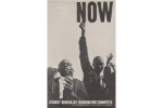 A black and white photo of two young Black men, one with a raised arm, and the word “NOW” at the top.